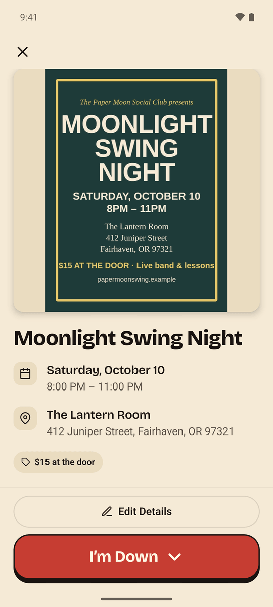 The review screen for a Moonlight Swing Night flyer, showing the date, time, venue, address and price it read, with an I’m Down button.