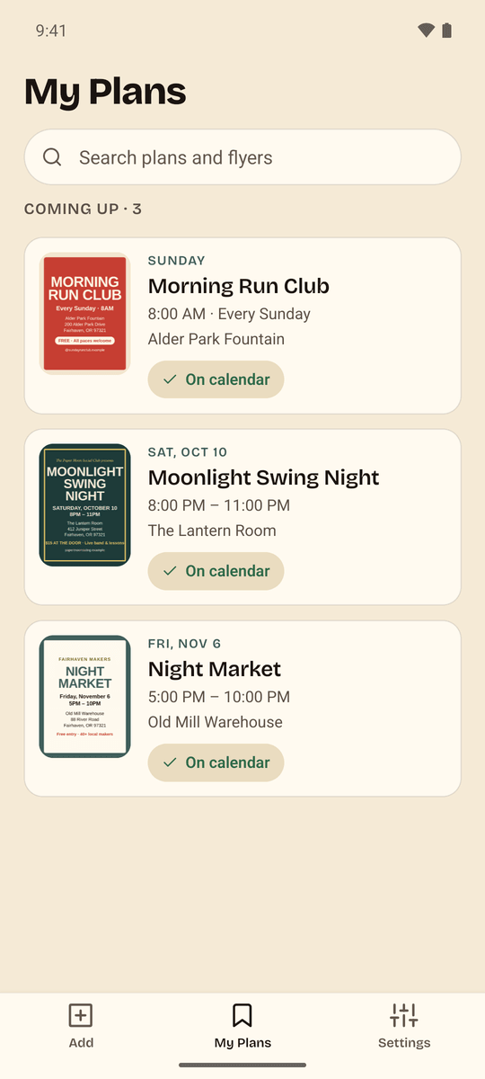 My Plans listing three upcoming plans with their flyers: Morning Run Club every Sunday, Moonlight Swing Night and Night Market, each marked On calendar.