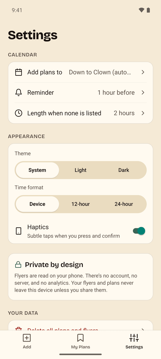 Settings with calendar, reminder and appearance options, and a Private by design note: no account, no server and no analytics.